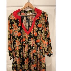 Rhode Resort 100% Silk Orange Floral Red Trim V-neck Maxi Kaftan Dress, M
